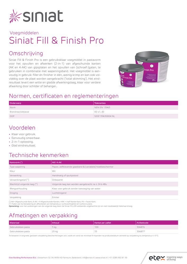 SINIAT FILL & FINISH PRO NLNL